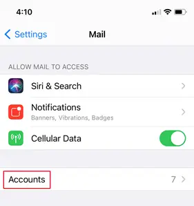 Accounts option in Mail Settings