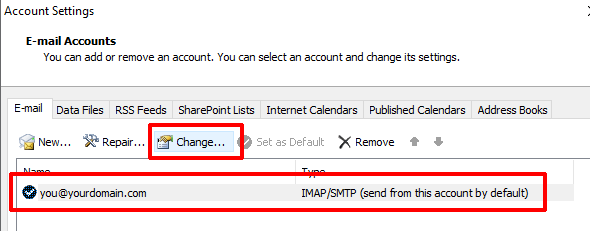 Outlook 2010 Select Your Account and Click Change