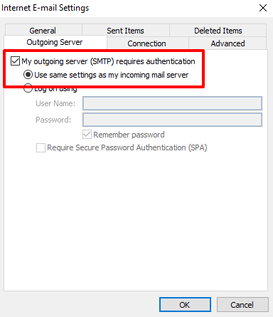 Outlook 2010 Outgoing Server Settings