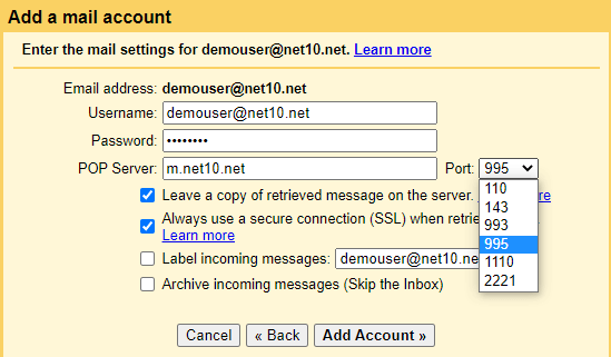 Gmail POP account settings