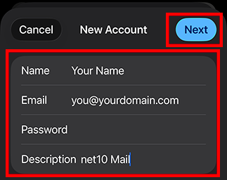 Enter Name, Email, Password, Description. Click Next.